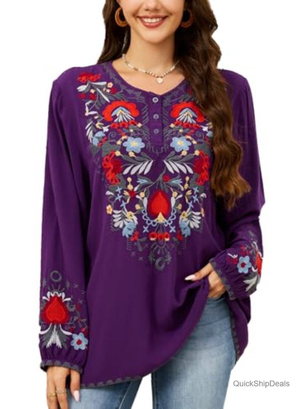 Women's Embroidered Tunic Top Cotton Rayon V-Neck Peasant Blouse Long Sleeve